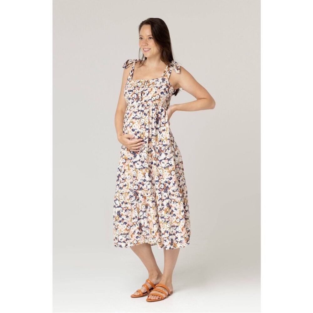 Floral Tie-Shoulder Midi Dress in Cream and Navy